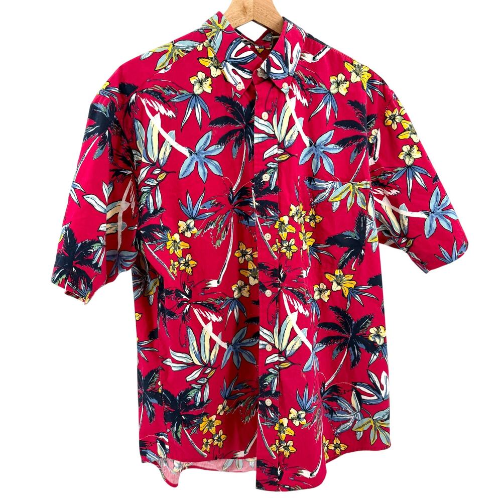 Vintage 90s Natural Issue Red Tropical Floral 100% Cotton Shirt